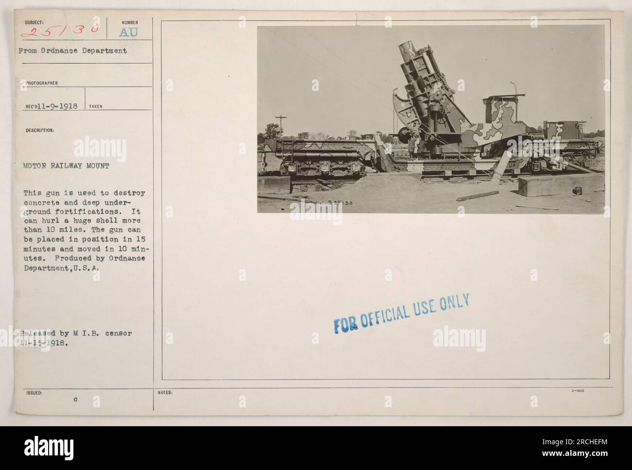 Didascalia: "Pistola usata per distruggere fortificazioni in cemento e sotterranee durante la prima guerra mondiale. Può lanciare proiettili su una distanza di 10 miglia. Prodotto dal Dipartimento di Ordnance, U.S.A. Questa foto è stata scattata il 9 novembre 1918 e pubblicata dal censore M.I.B. il 15 novembre 1918." Foto Stock