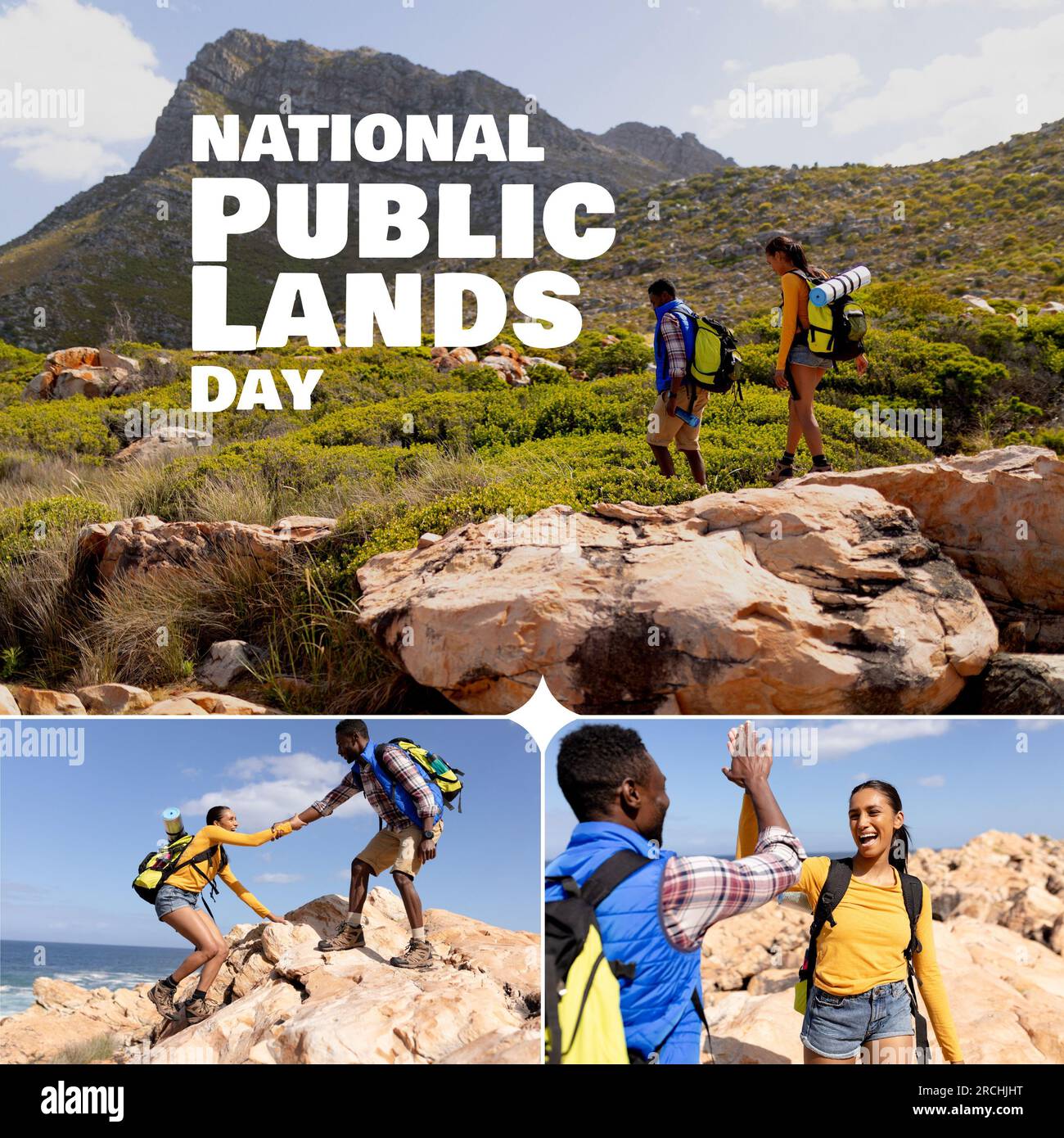 Il pubblico nazionale atterra il testo del giorno in bianco su un felice e variegato trekking di coppia su una montagna soleggiata Foto Stock