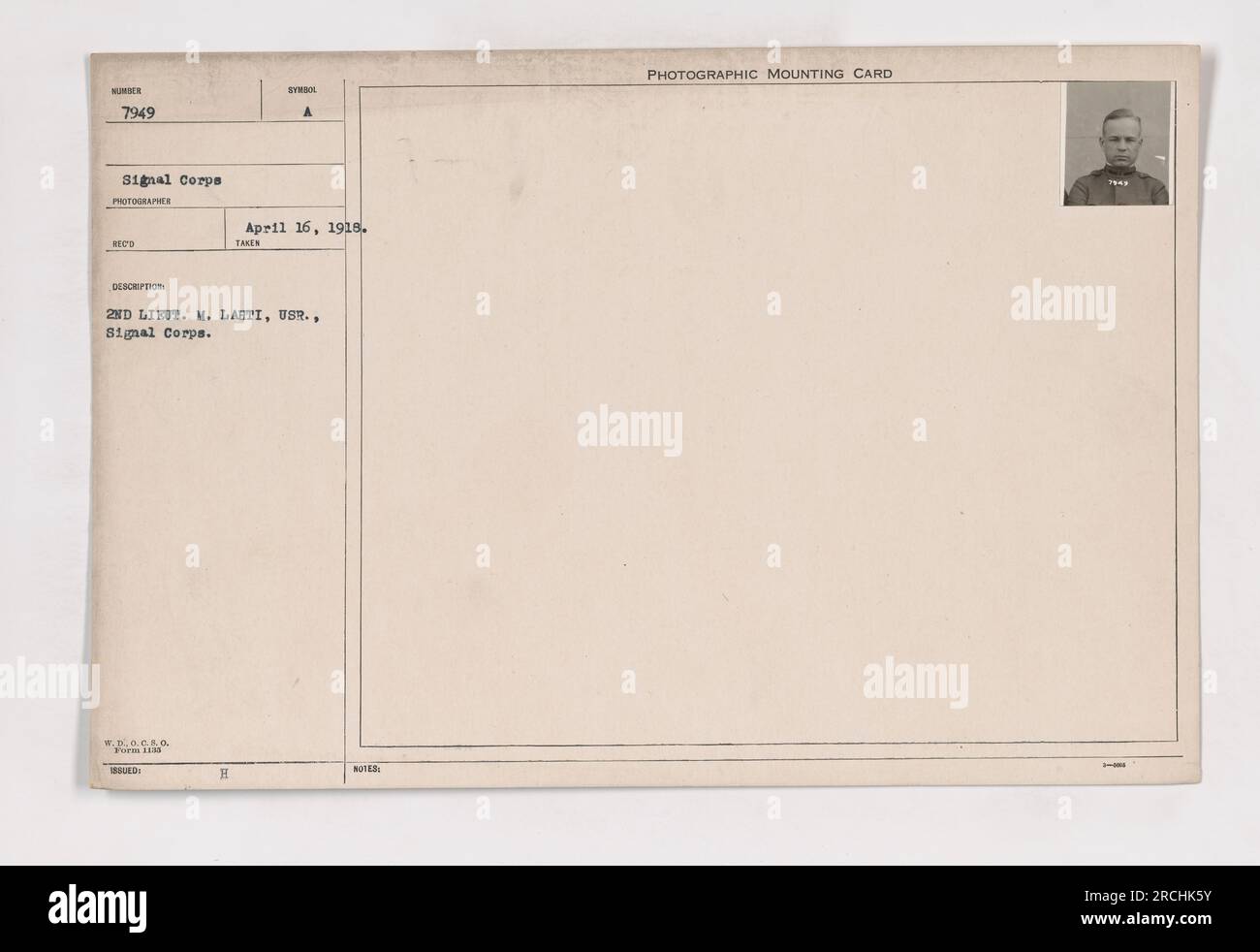 Tenente M. Lahti del corpo dei segnali USR raffigurato in questa fotografia con l'ID 111-SC-7949. La fotografia è stata scattata il 16 aprile 1918 e fa parte delle fotografie che documentano le attività militari americane durante la prima guerra mondiale. L'immagine è montata su una scheda di montaggio fotografica. Foto Stock