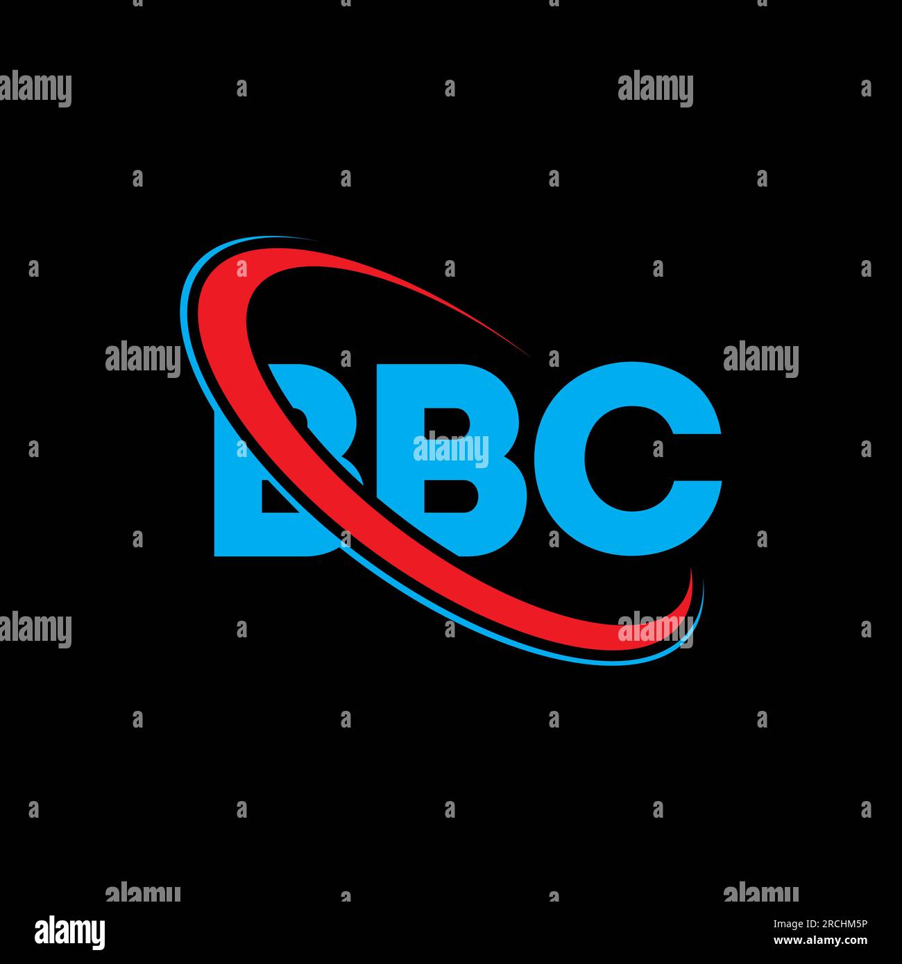 Logo BBC. Lettera della BBC. Logo BBC Letter. Iniziali del logo BBC collegate con il logo del cerchio e del monogramma maiuscolo. Tipografia BBC per tecnologia, affari Illustrazione Vettoriale