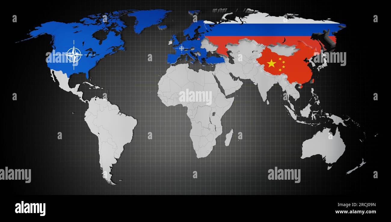 Paesi membri della NATO, Russia e Cina sulla mappa mondiale - illustrazione 3D. Foto Stock