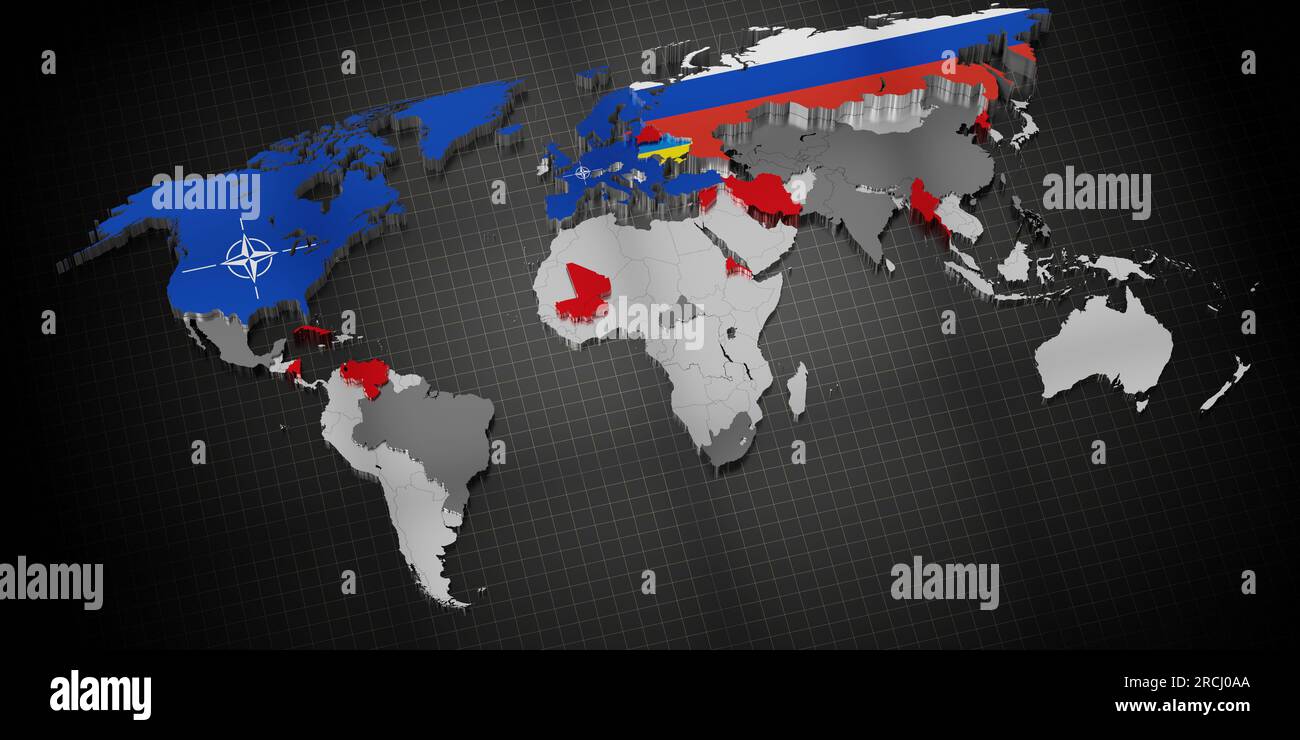 I paesi membri della NATO e i sostenitori della Russia in Ucraina si scontrano sulla mappa mondiale - illustrazione 3D. Foto Stock