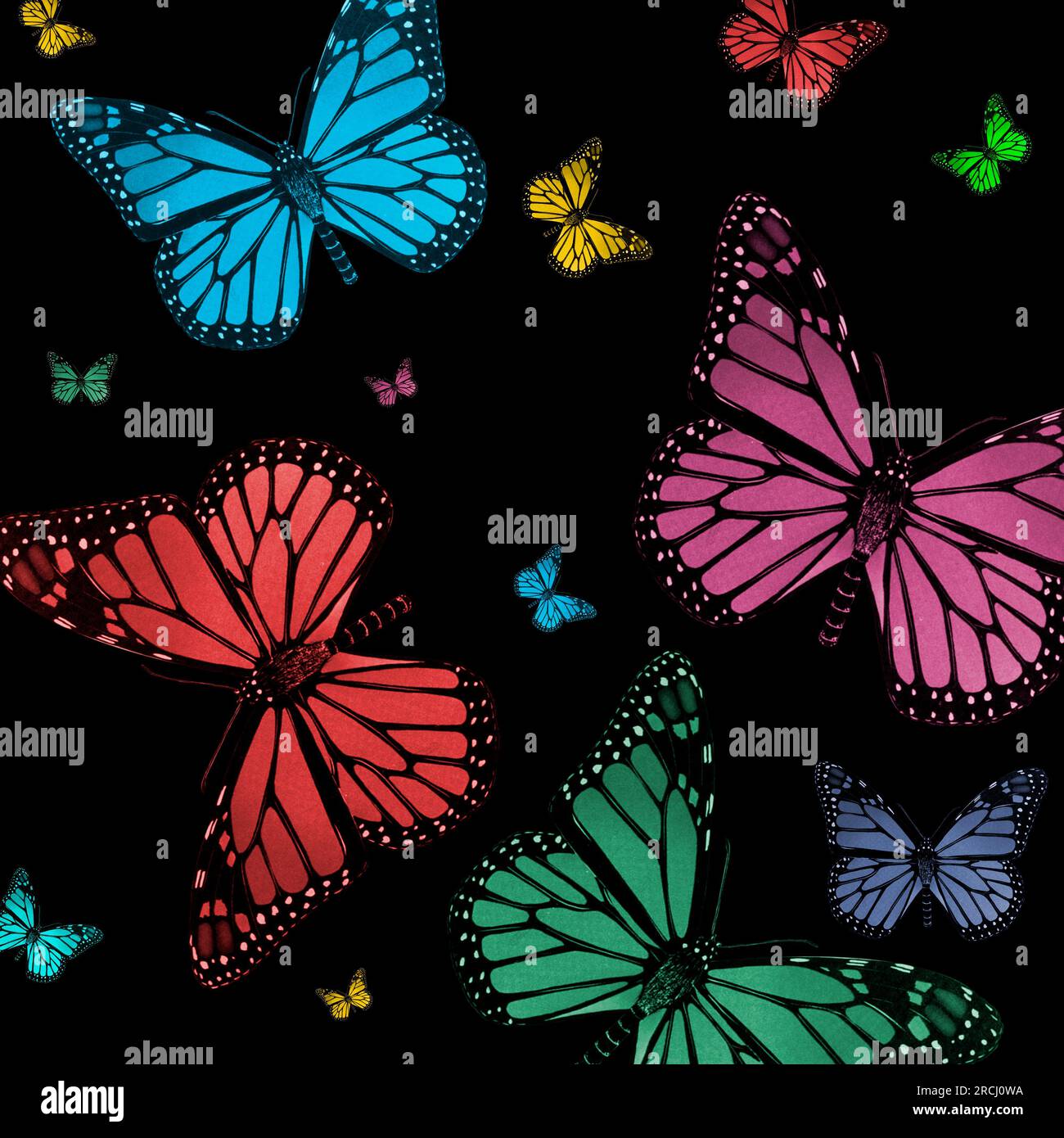 Farfalle colorate per carta decorativa. Illustrazione astratta degli insetti. Foto Stock