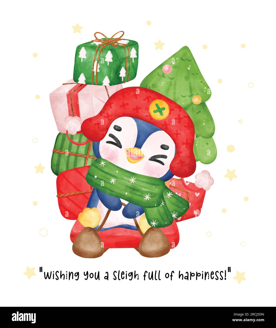 Vivi l'essenza giocosa dell'inverno con un adorabile pinguino su una slitta piena di regali. Questo acquerello natalizio ritrae il gioioso jou del pinguino Illustrazione Vettoriale