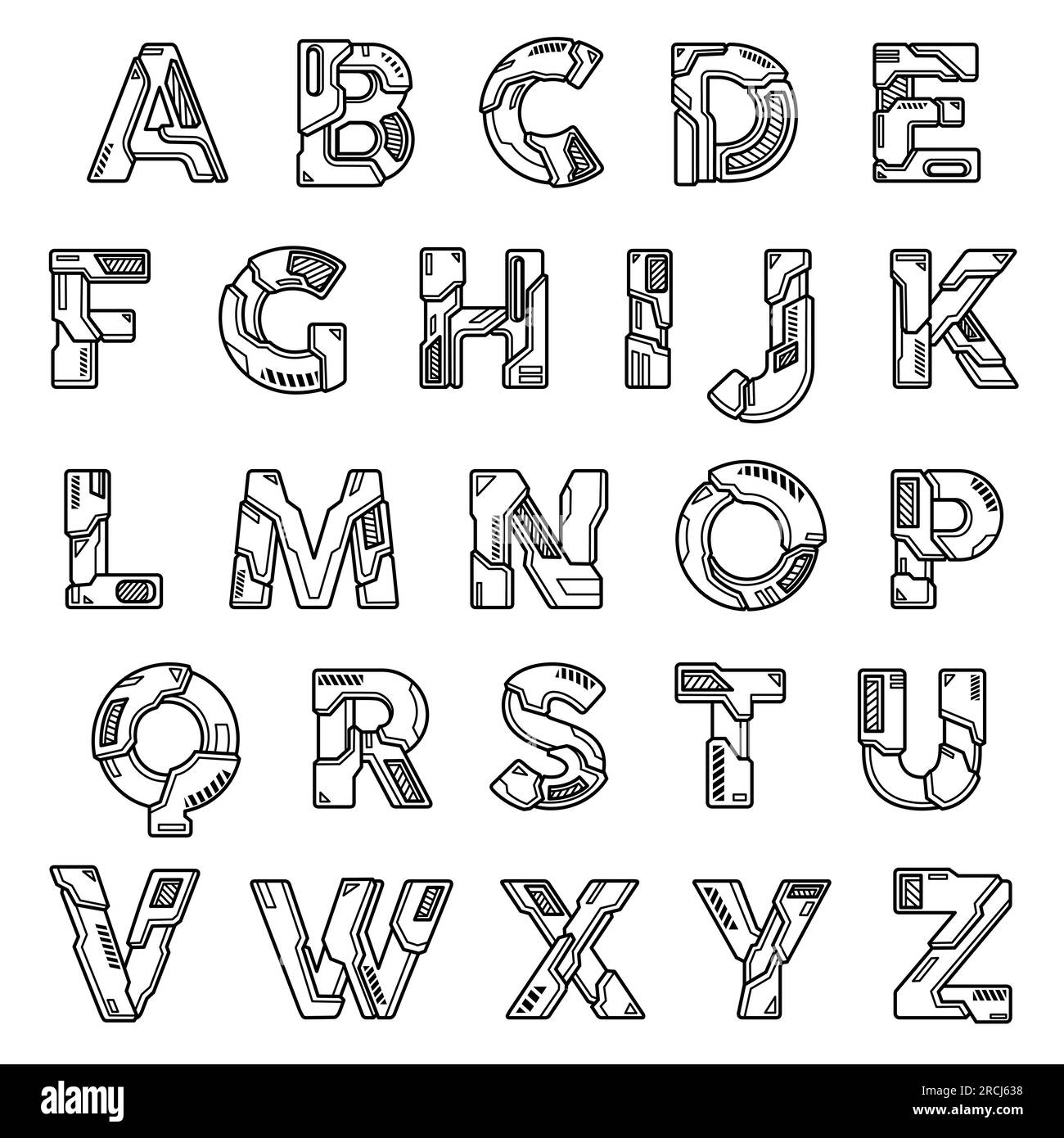 Caratteri alfabetici abc robot machine caratteri meccanici cyborg lettere maiuscole Illustrazione Vettoriale