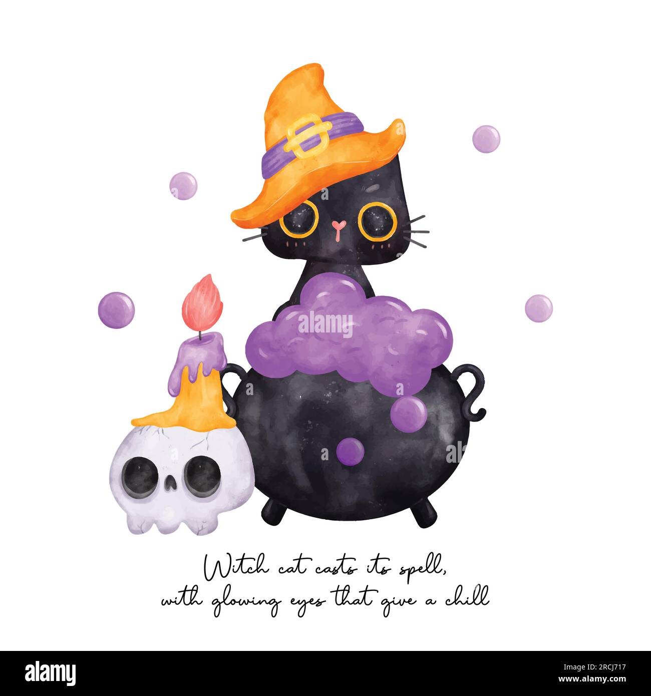 Halloween con questa simpatica e divertente illustrazione ad acquerello di gatto nero. L'adorabile amico felino indossa un cappello da strega mentre è seduto su un calderone gorgogliante Illustrazione Vettoriale