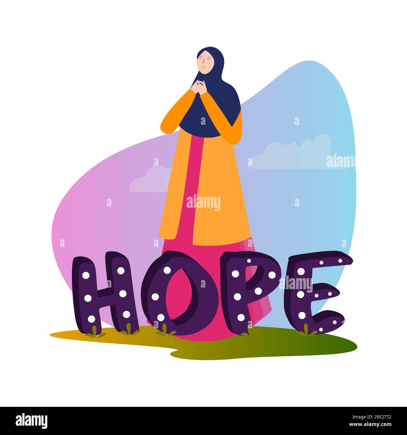 testo speranza bella ragazza musulmana che indossa hijab e un lungo abito che prega la spiritualità la fede la fiducia in dio Illustrazione Vettoriale