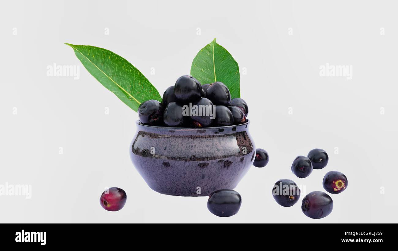 Syzygium cumini in recipiente di ceramica su sfondo bianco. Il Jamun è un frutto tropicale estivo originario del subcontinente indiano e del sud-est asiatico. Foto Stock