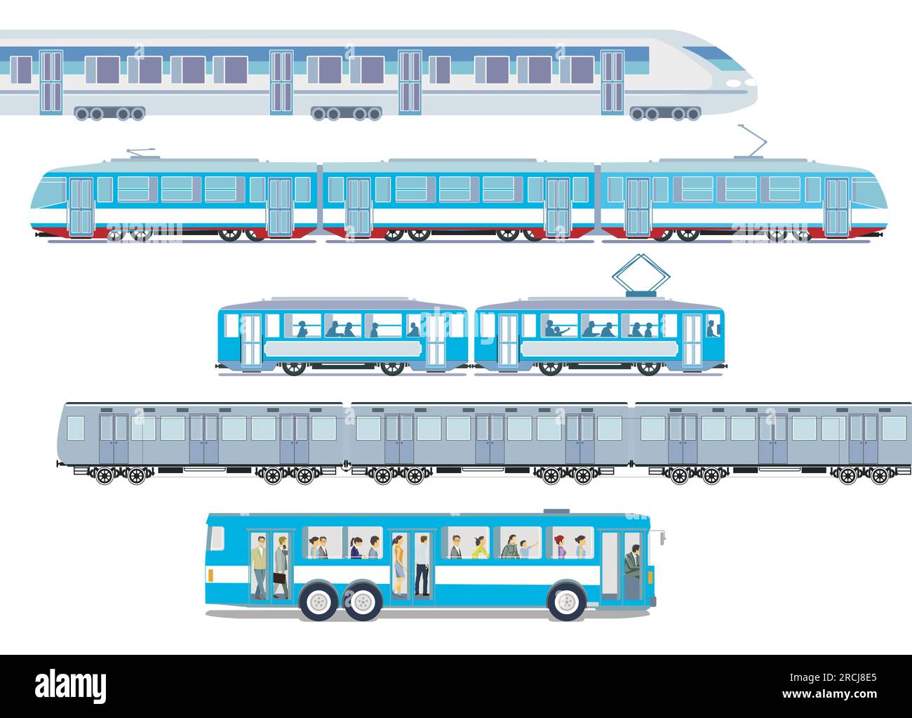 Set di treni passeggeri, tram, treno ad alta velocità e metropolitana, illustrazione Illustrazione Vettoriale