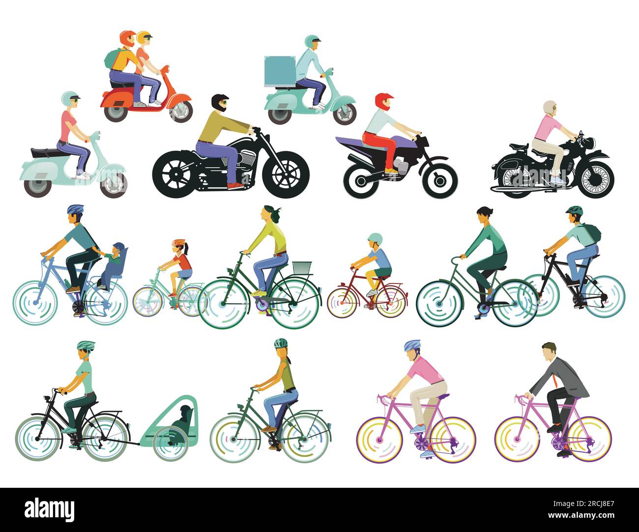 Set di motociclisti e ciclisti, illustrazione Illustrazione Vettoriale