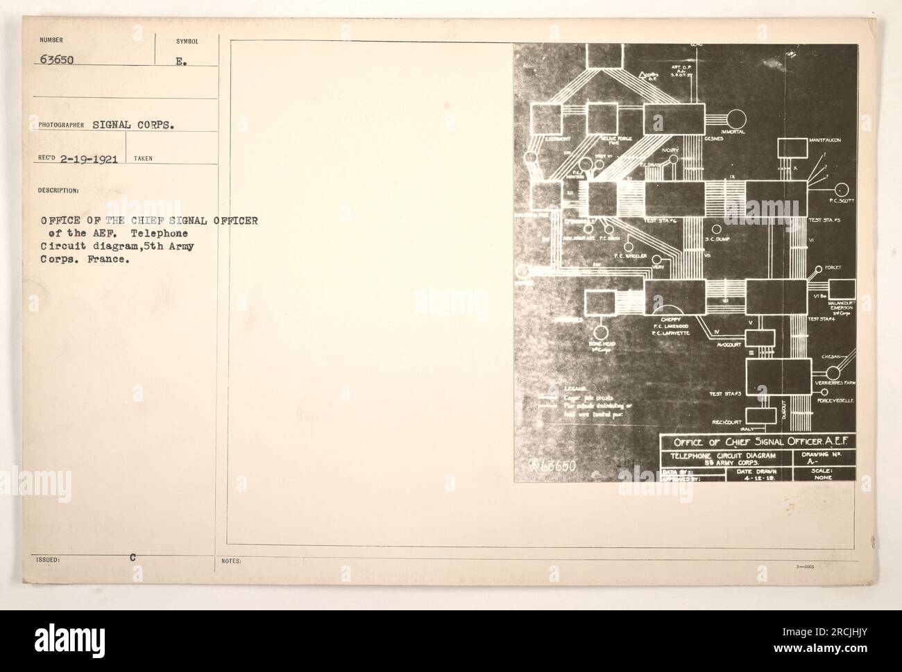 "Schema elettrico telefonico per l'Ufficio del Capo Signal Officer dell'AEF, 5th Army Corps, Francia. Il diagramma fu preso dal Signal Corps e ricevuto il 2-19-1921. Mostra la disposizione del circuito e varie località come Chéppy e Recourt per scopi di test e comunicazione." Foto Stock