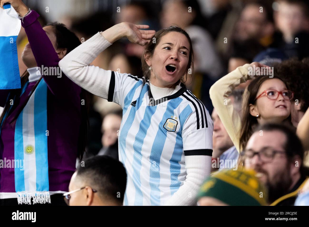 Sydney, Australia, 15 luglio 2023. Un tifoso argentino festeggia durante la partita del campionato di rugby tra Australia e Argentina al CommBank Stadium il 15 luglio 2023 a Sydney, in Australia. Crediti: Pete Dovgan/Speed Media/Alamy Live News Foto Stock