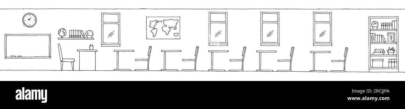 Grafica dell'aula nero bianco interno scolastico disegno lungo vettore di illustrazione Illustrazione Vettoriale