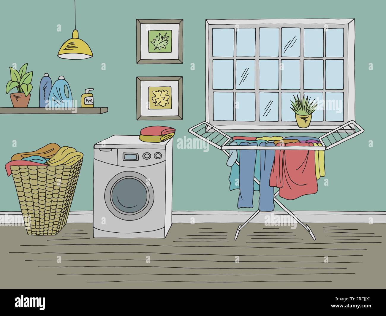 Lavanderia casa interna grafica colore disegno grafico illustrazione vettore Illustrazione Vettoriale