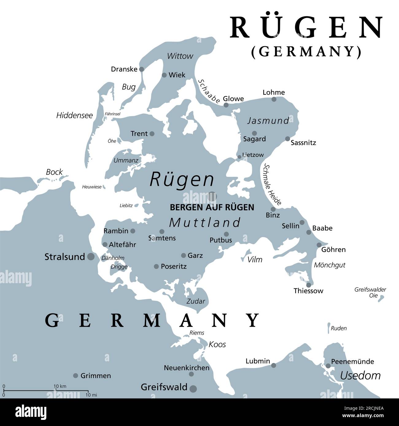 Rügen, Ruegen o Rugia, la più grande isola della Germania, mappa politica grigia. Situato al largo della costa della Pomerania nel Mar Baltico. Foto Stock