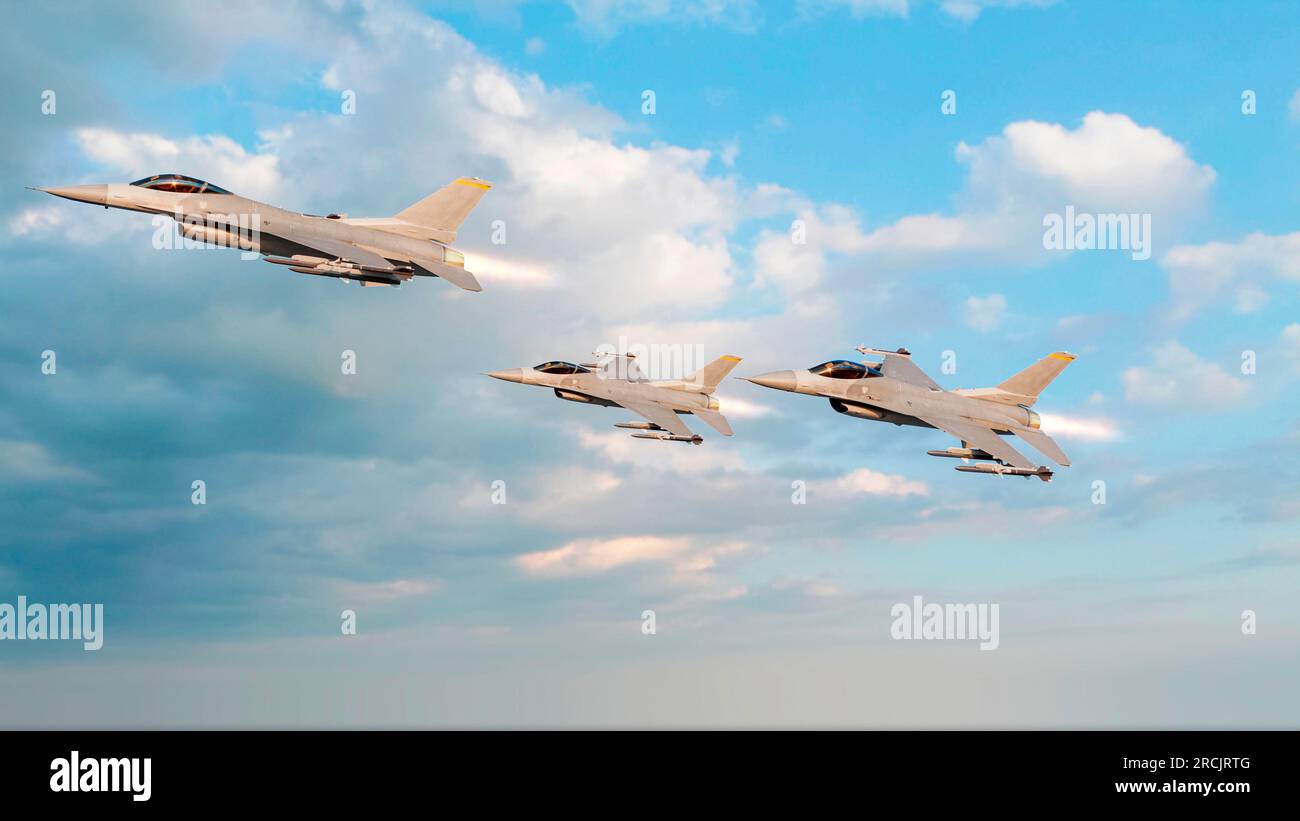 Aerei militari in volo equipaggiati con missili, allestimento combattimento. F-16. La General Dynamics F-16 Fighting Falcon Foto Stock