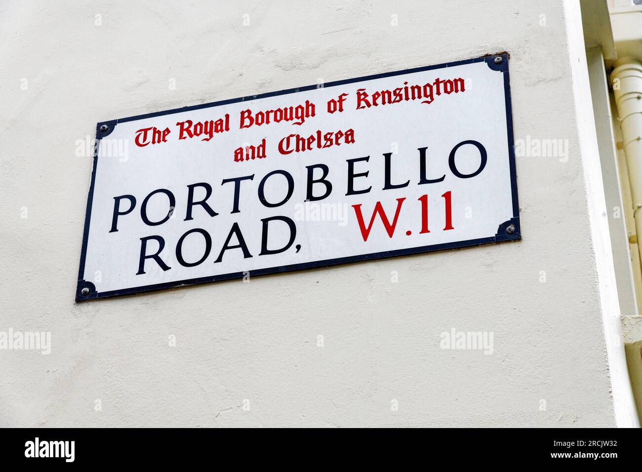 Portobello Road, cartello stradale, quartiere reale di kensington e chelsea, Londra, W11, Inghilterra, Regno Unito Foto Stock