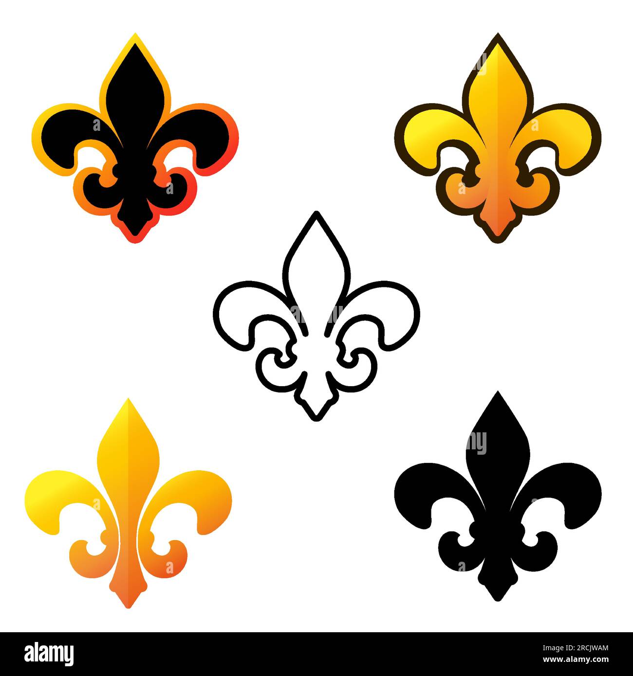 Collezione di icone Fleur De Lis simbolo araldico francese reale diversi tipi di colore, nero e contorno. New Orleans simbolo di sostegno e recupero di Desi Illustrazione Vettoriale