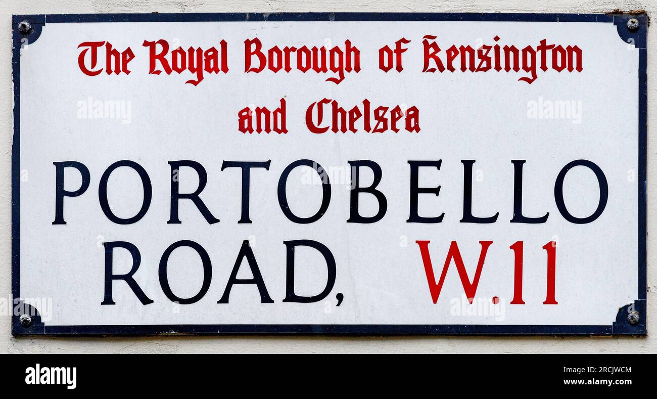 Portobello Road, cartello stradale, quartiere reale di kensington e chelsea, Londra, W11, Inghilterra, Regno Unito Foto Stock
