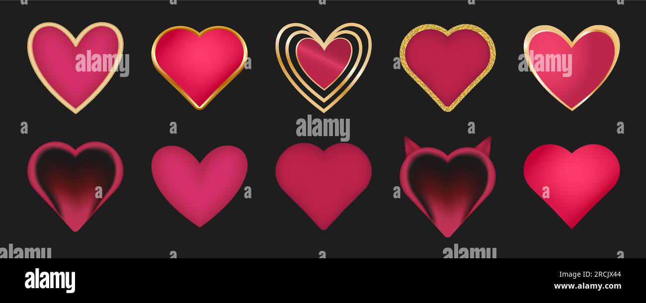 Collezione icone cuore 3D colori rosso e oro elemento di design festivo illustrazione vettoriale isolata su sfondo nero Illustrazione Vettoriale