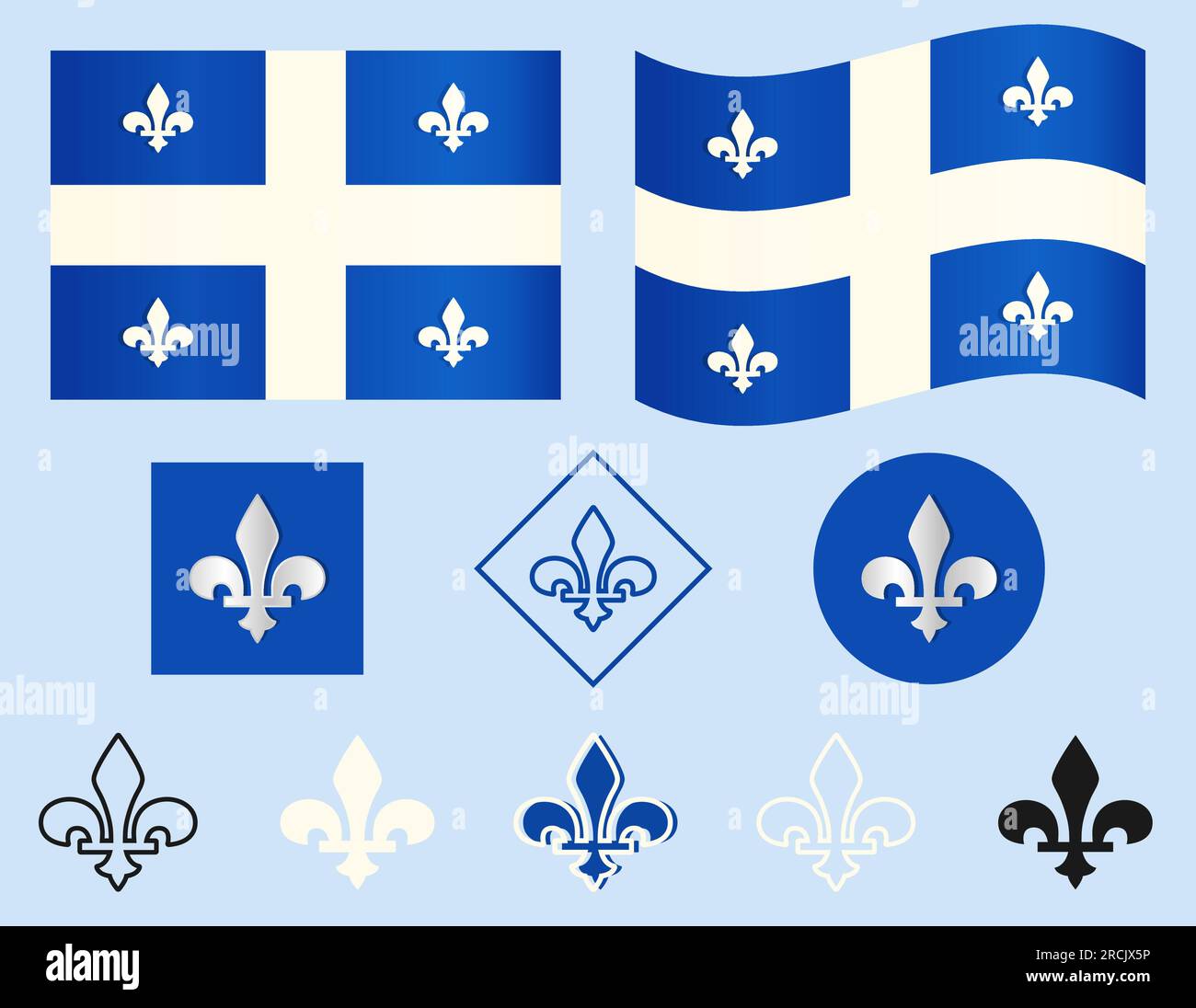 Bandiera del Québec, Canada Fleur-de-lis simbolo della Dinastia Borbonica francese Bandiere e icone collezione di diversi tipi Argento, nero, bianco e decorati Illustrazione Vettoriale