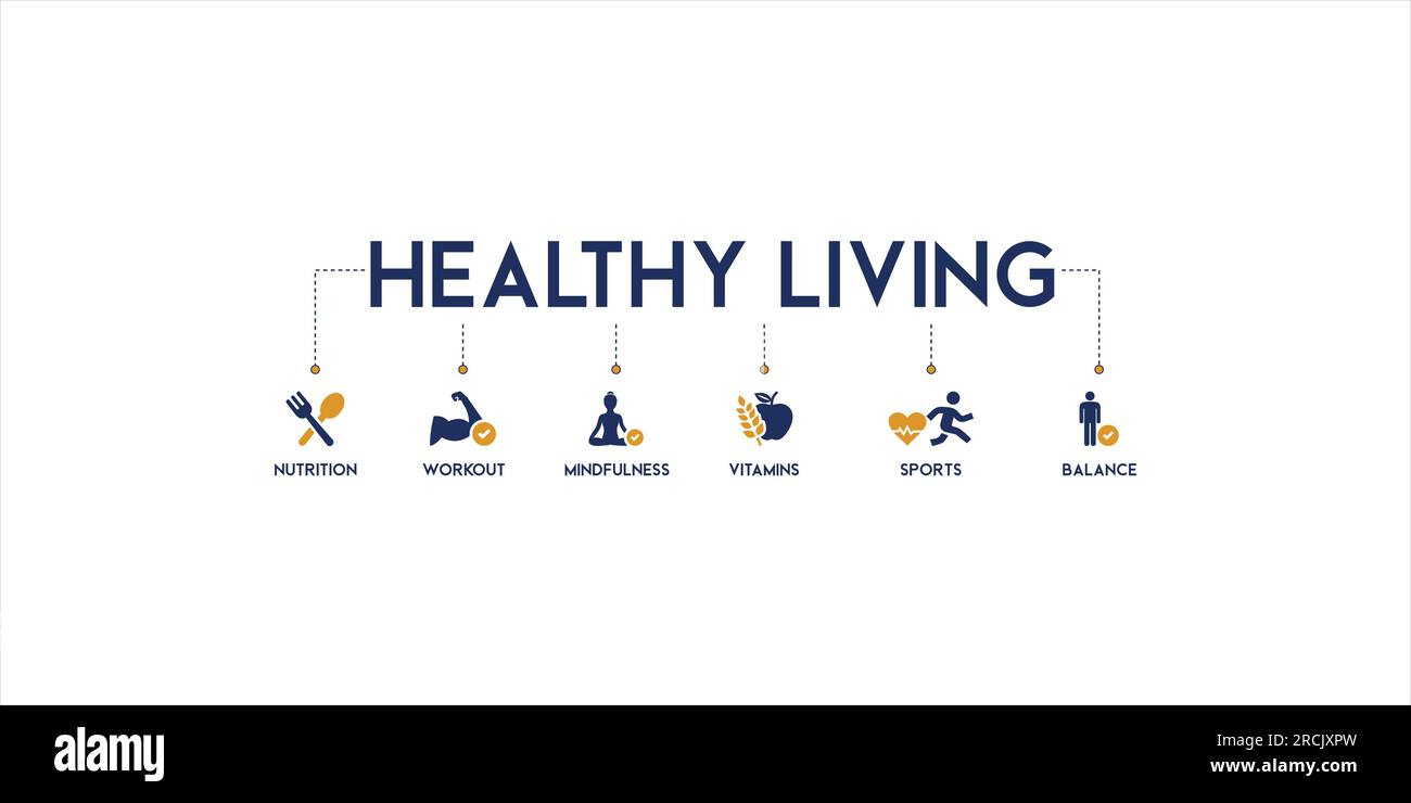 Concetto di illustrazione vettoriale di vita sana - nutrizione e sport con l'icona di nutrizione, workout, consapevolezza, vitamine, sport ed equilibrio Illustrazione Vettoriale