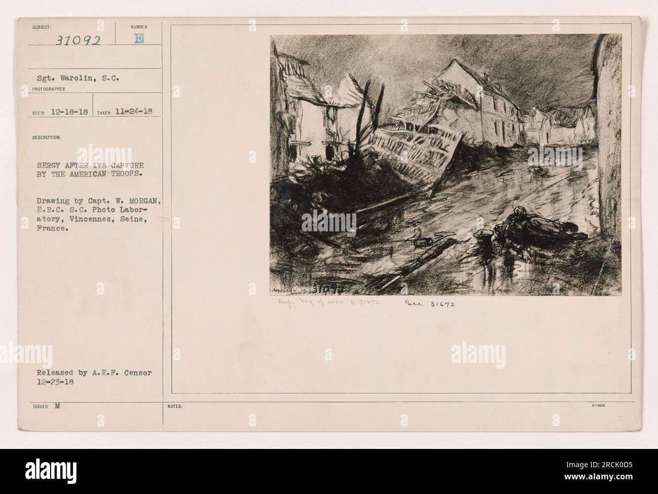 Le truppe americane catturano il numero Sergy durante la prima guerra mondiale Questa foto è stata scattata dal sergente Warolin e ricevuta il 18 dicembre 1918. Il disegno del capitano W. Morgan mostra le conseguenze della cattura. È stato rilasciato dalla A.E.F. Censura il 23 dicembre 1918. Foto Stock
