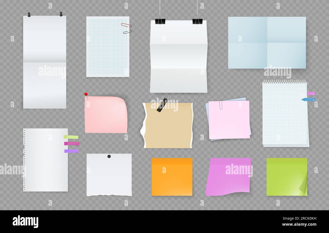 Blocco note, raccolta note cartacee. Pin, pagine appiccicose per appunti, fogli per notebook di colori diversi, pad, tabellone per adesivi e clip per bollettini. Promemoria sulla colla o sul nastro adesivo. Insieme di illustrazioni isolate vettoriali Illustrazione Vettoriale