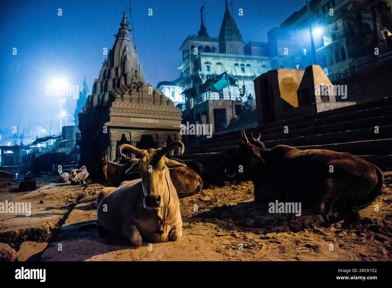 Tempio Ratneshwar Mahadev di notte, Varanasi, India Foto Stock