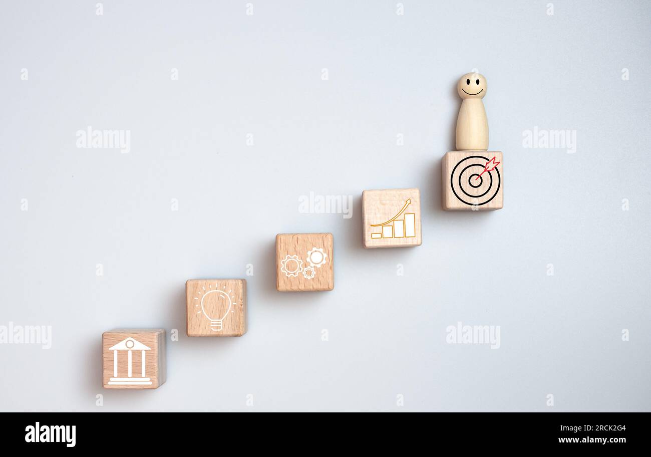 Bambola in legno in piedi su legno blocco step con Icon piano d'azione, obiettivo e obiettivo, concetto di obiettivo aziendale e di successo, gestione dei progetti, strategia aziendale Foto Stock