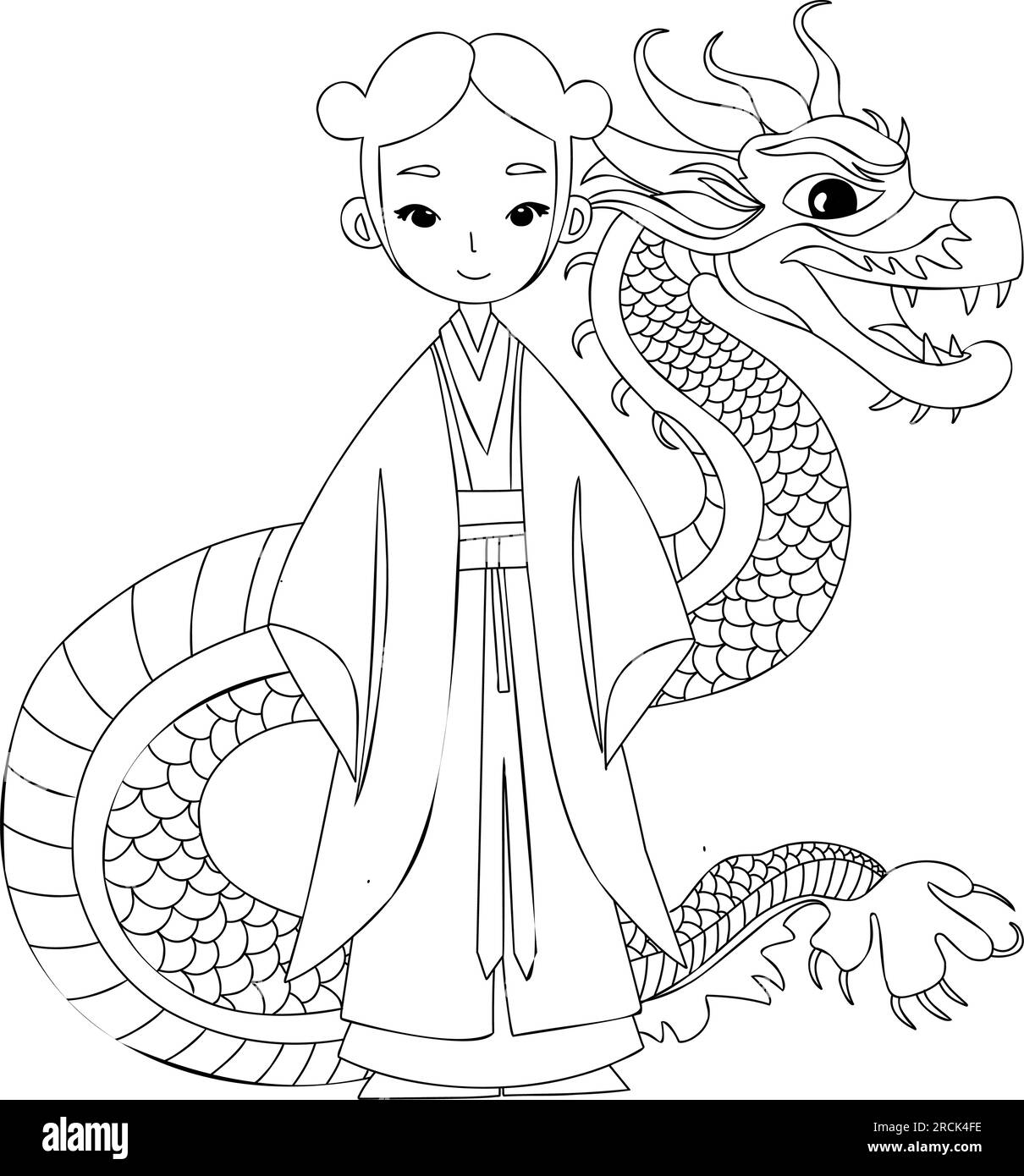 Pagina da colorare donna cinese vicino al drago. Libro da colorare drago cinese. Illustrazione Vettoriale