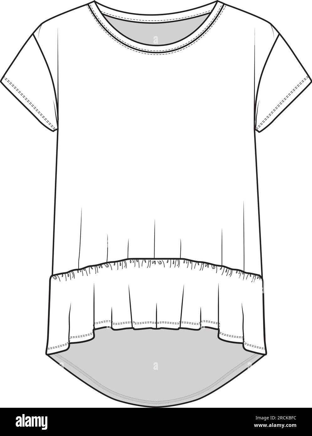 Girocollo manica corta orlo anteriore con volant con orlo posteriore lungo blusa superiore schizzi piatti Illustrazione Vettoriale