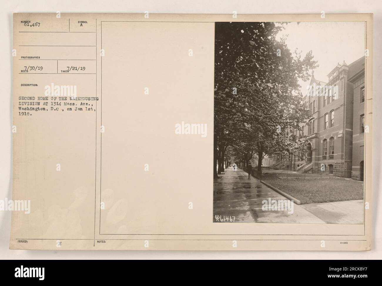 L'immagine mostra la seconda posizione della divisione Warehousing a 1314 Mass. Ave., Washington, D.C., il 1° gennaio 1918. La foto è stata scattata il 7/30/19 da un fotografo non identificato. L'immagine è numerata 6.467. Si può anche vedere un francobollo taxi datato 7/21/19. Foto Stock