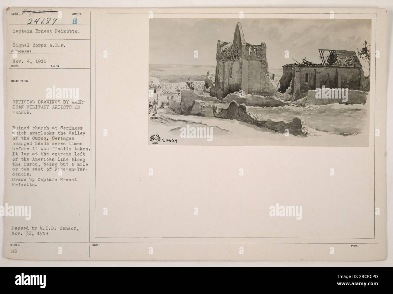 La fotografia del capitano Ernest Peixotto mostra le rovine della chiesa di Seringes in Francia durante la prima guerra mondiale. La chiesa si affacciava sulla valle dell'Oureq e cambiò di mano sette volte prima di essere catturata. Si trovava all'estrema sinistra della linea americana lungo l'Ourcq, a est di Fere-en-Terdenois." Foto Stock