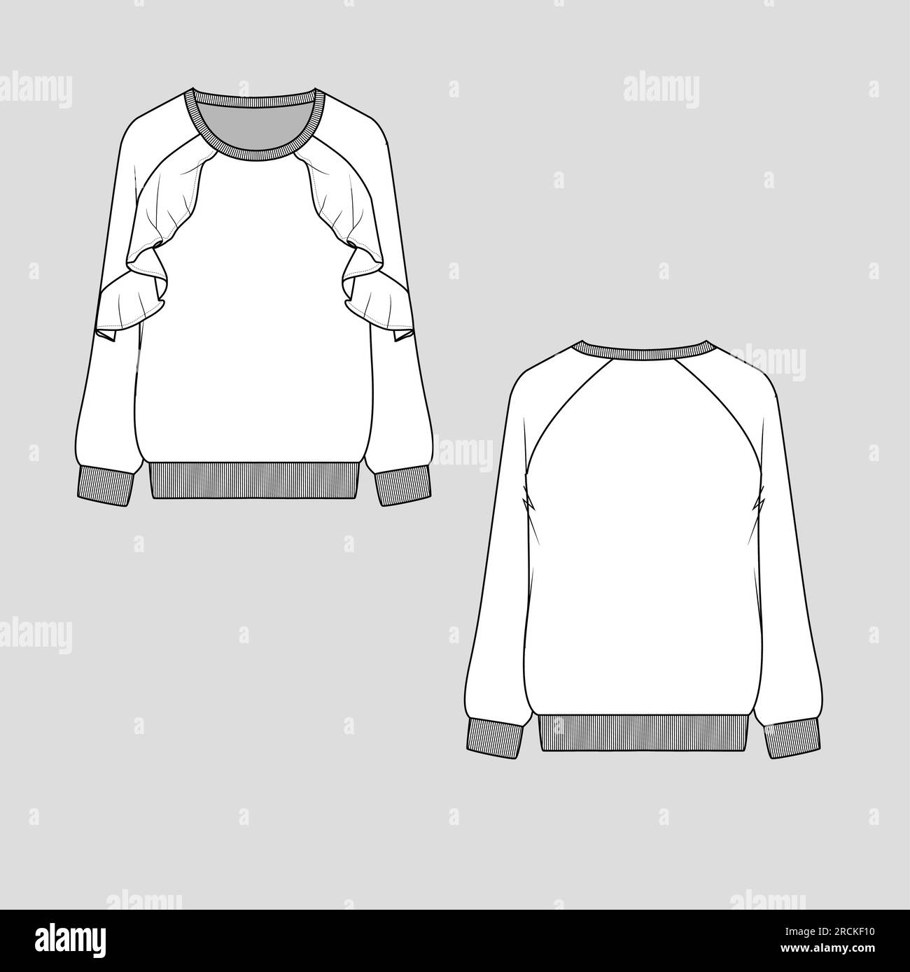 Felpa girocollo manica raglan maniche eleganti con volant, disegno tecnico piatto, modello vettoriale Illustrazione Vettoriale