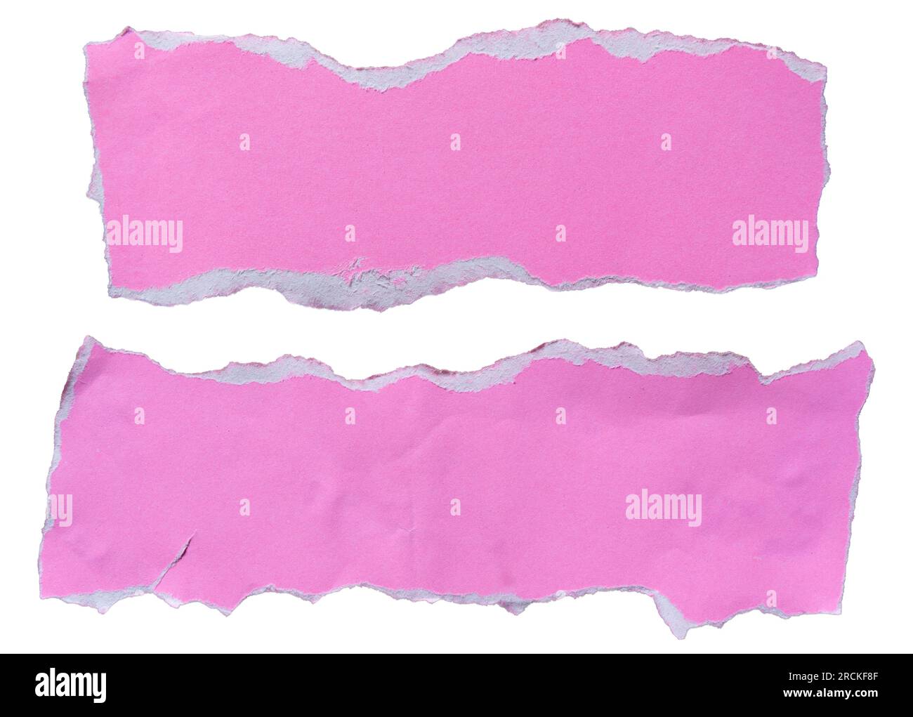 due pezzi di carta rosa strappata da utilizzare come casella di testo su sfondo bianco con tracciato di ritaglio Foto Stock