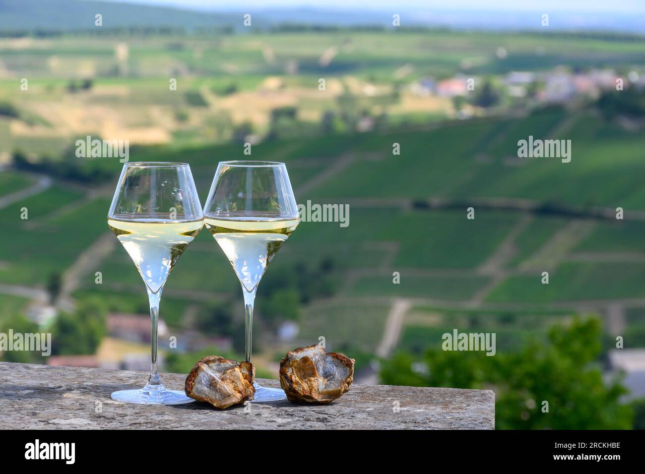 Bicchieri di vino bianco provenienti da vigneti di Sancerre Chavignol appelazione ed esempio di terreno di selce, vicino al villaggio di Sancerre, Cher, Valle della Loira, F Foto Stock