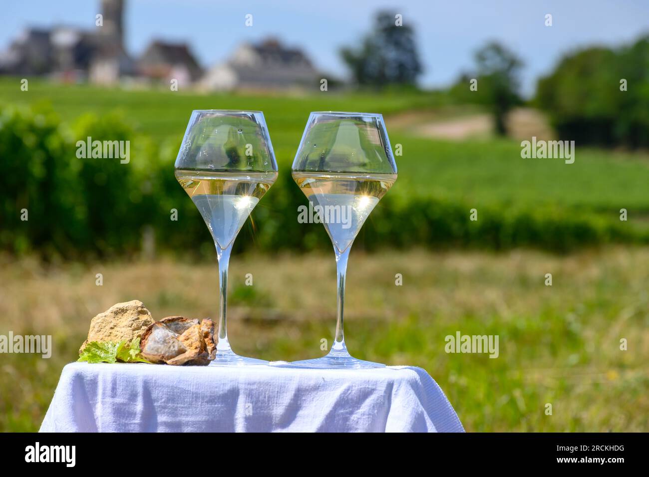 Bicchieri di vino bianco da vigneti di Pouilly-Fume appelazione ed esempio di terreno di selce, vicino a Pouilly-sur-Loire, Borgogna, Francia. Foto Stock