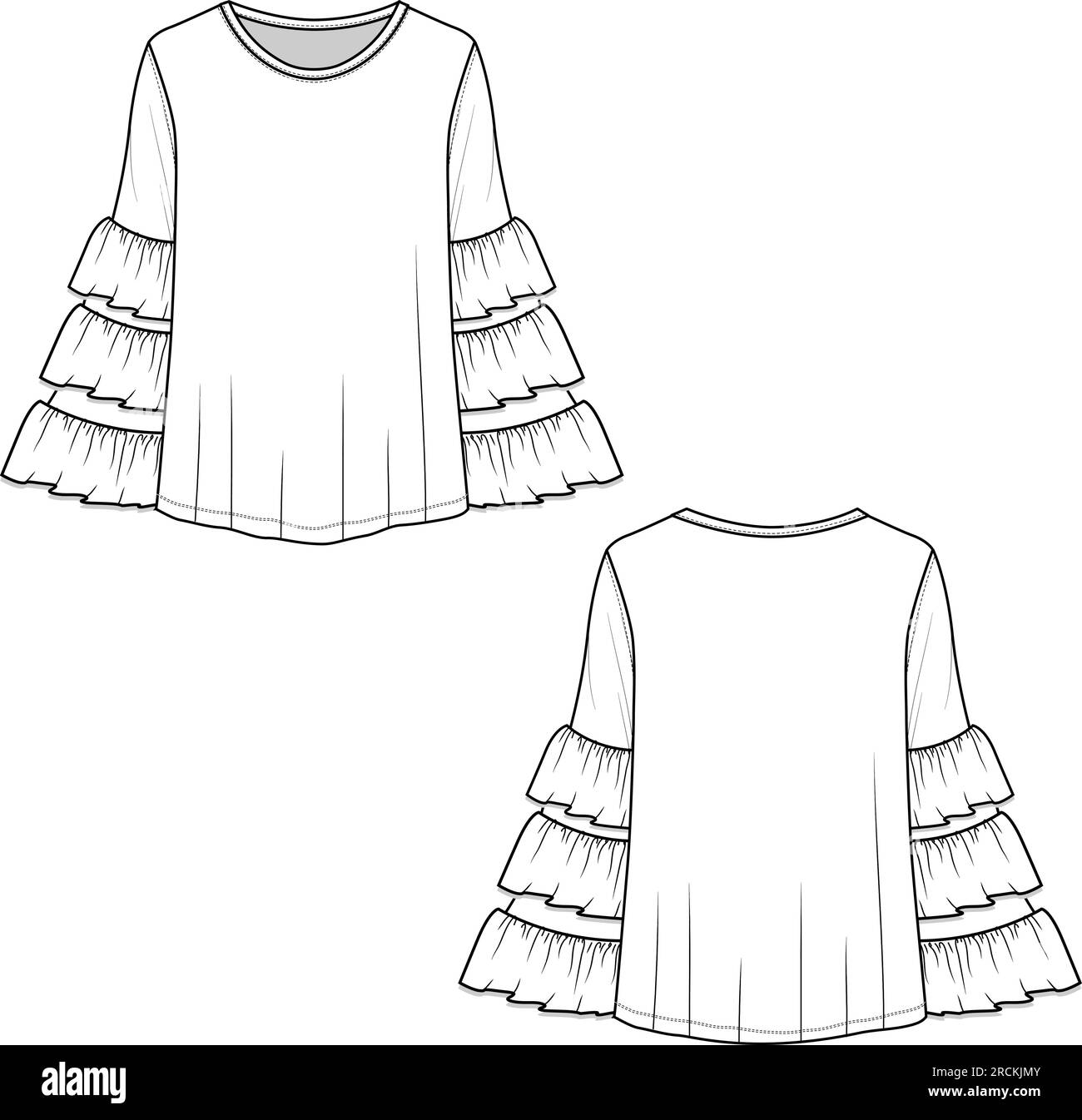 Camicetta con girocollo e maniche ruffle a strati moda blusa superiore disegno tecnico vettoriale con disegno piatto Illustrazione Vettoriale
