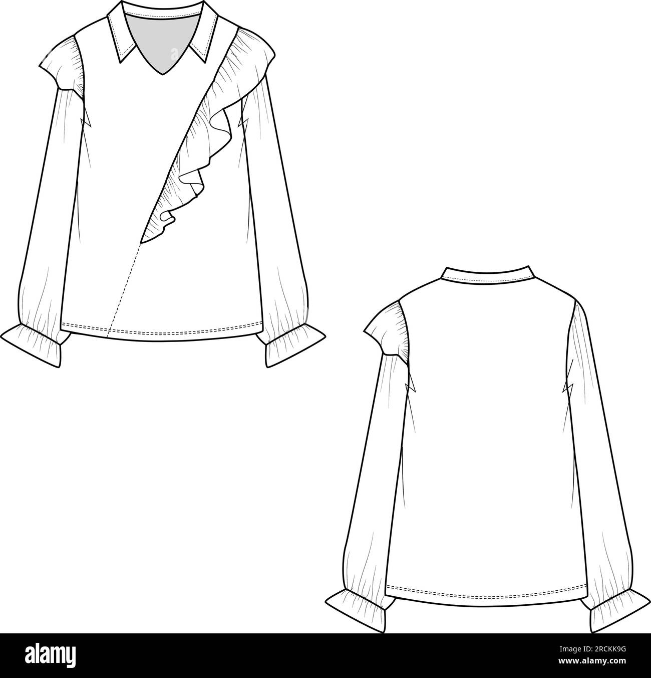 Fashion One Side shoulder Ruffle Sleeve Meeting Top Flat sketch Technical drawing Design Vector Illustrazione Vettoriale