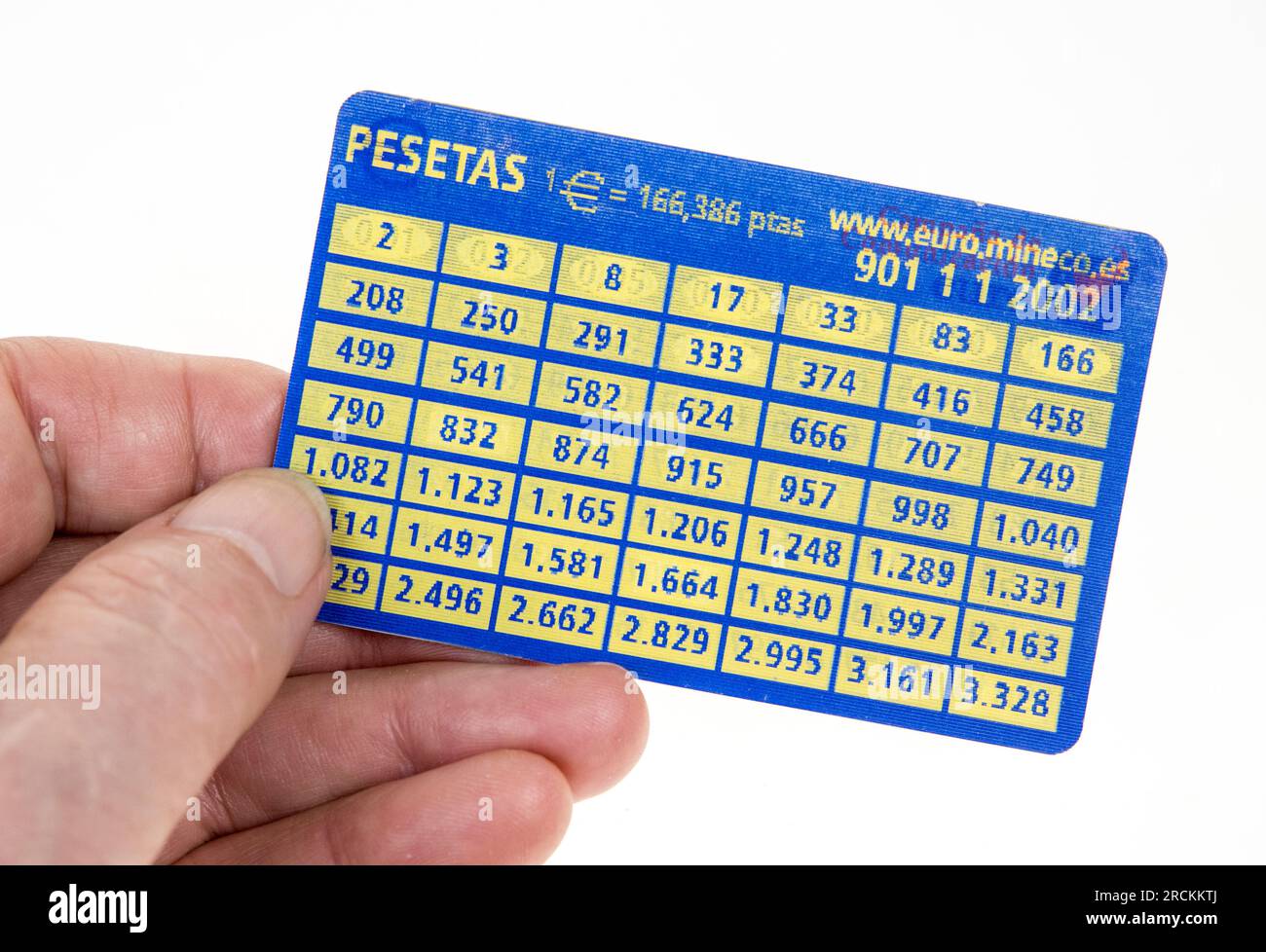 Carta di plastica lenticolare che traduce le pesetas in euro quando la valuta è cambiata nel 2002 Foto Stock