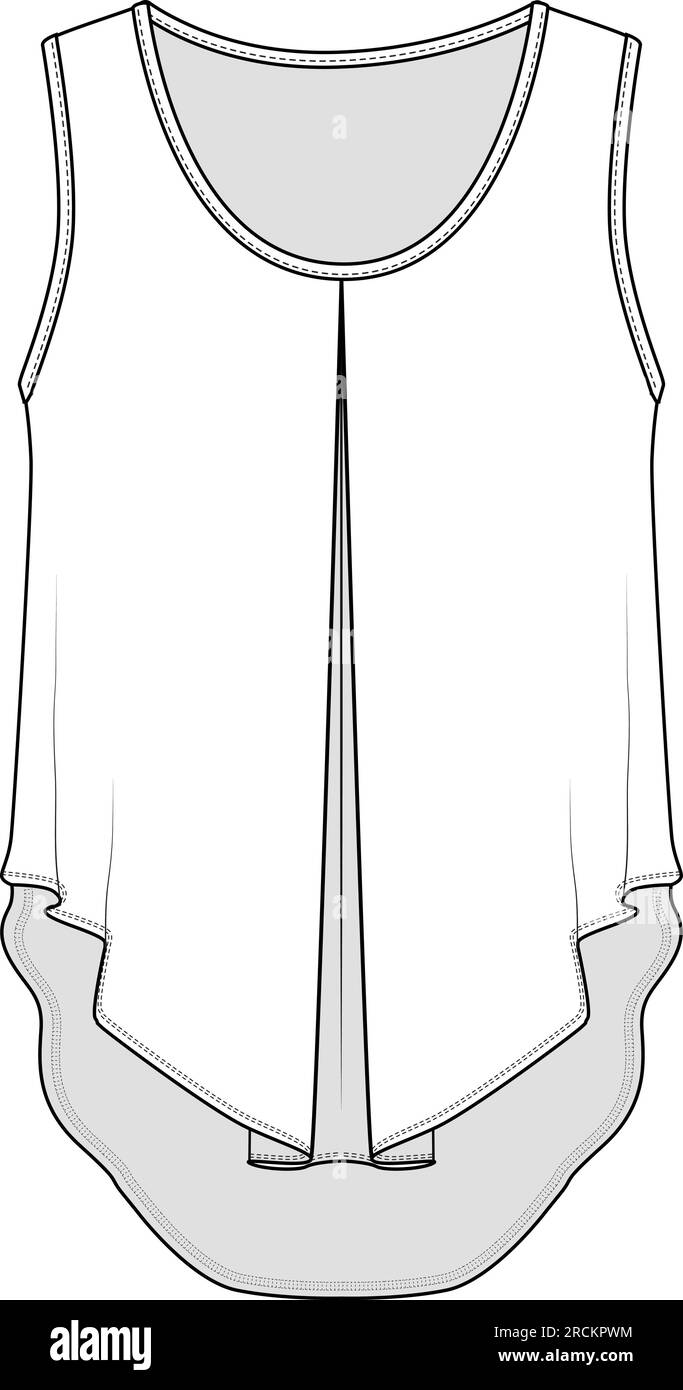 Fashion Ruffles Top senza maniche con orlo basso alto canotta piatta disegno tecnico Illustrazione Vettoriale