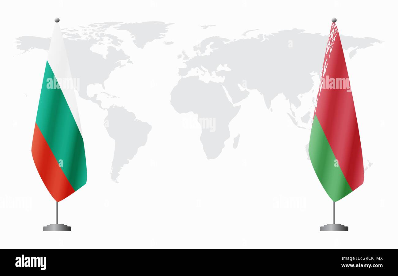 Bandiere bulgare e bielorusse per incontri ufficiali sullo sfondo della mappa mondiale. Illustrazione Vettoriale
