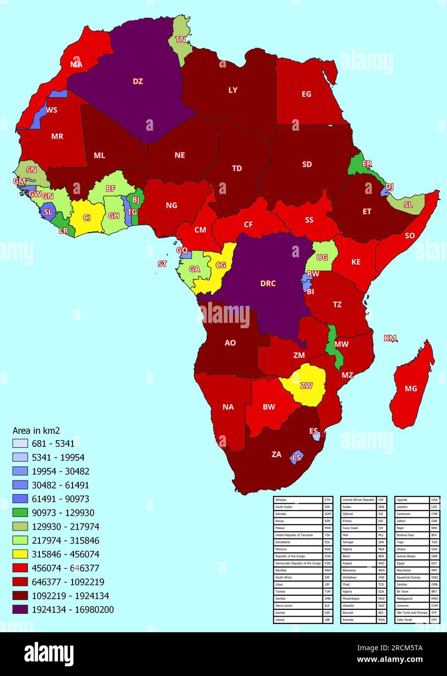 Mappa dell'Africa con i paesi classificati per area Foto Stock