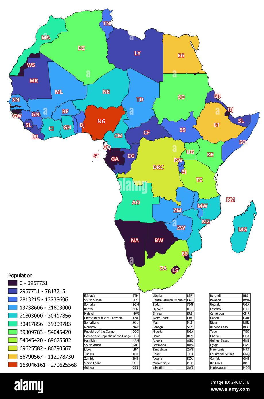 La mappa dell'Africa classificata in base al numero di abitanti dei paesi Foto Stock