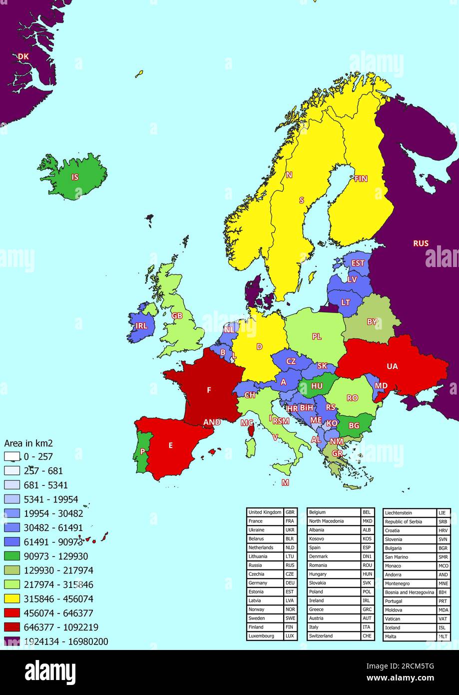 Mappa dell'Europa con i paesi classificati per area Foto Stock