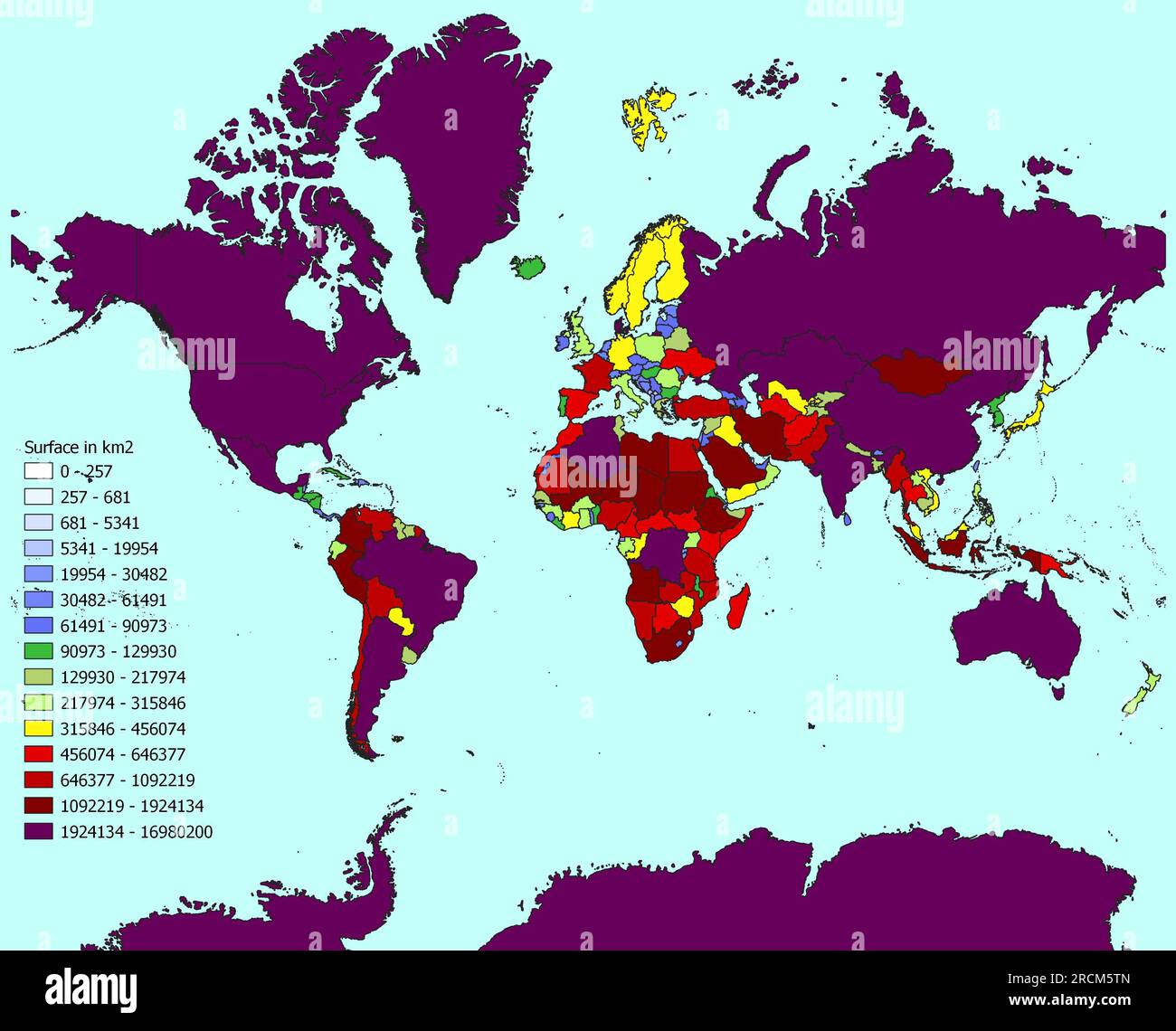Mappa del mondo con i paesi classificati per area Foto Stock