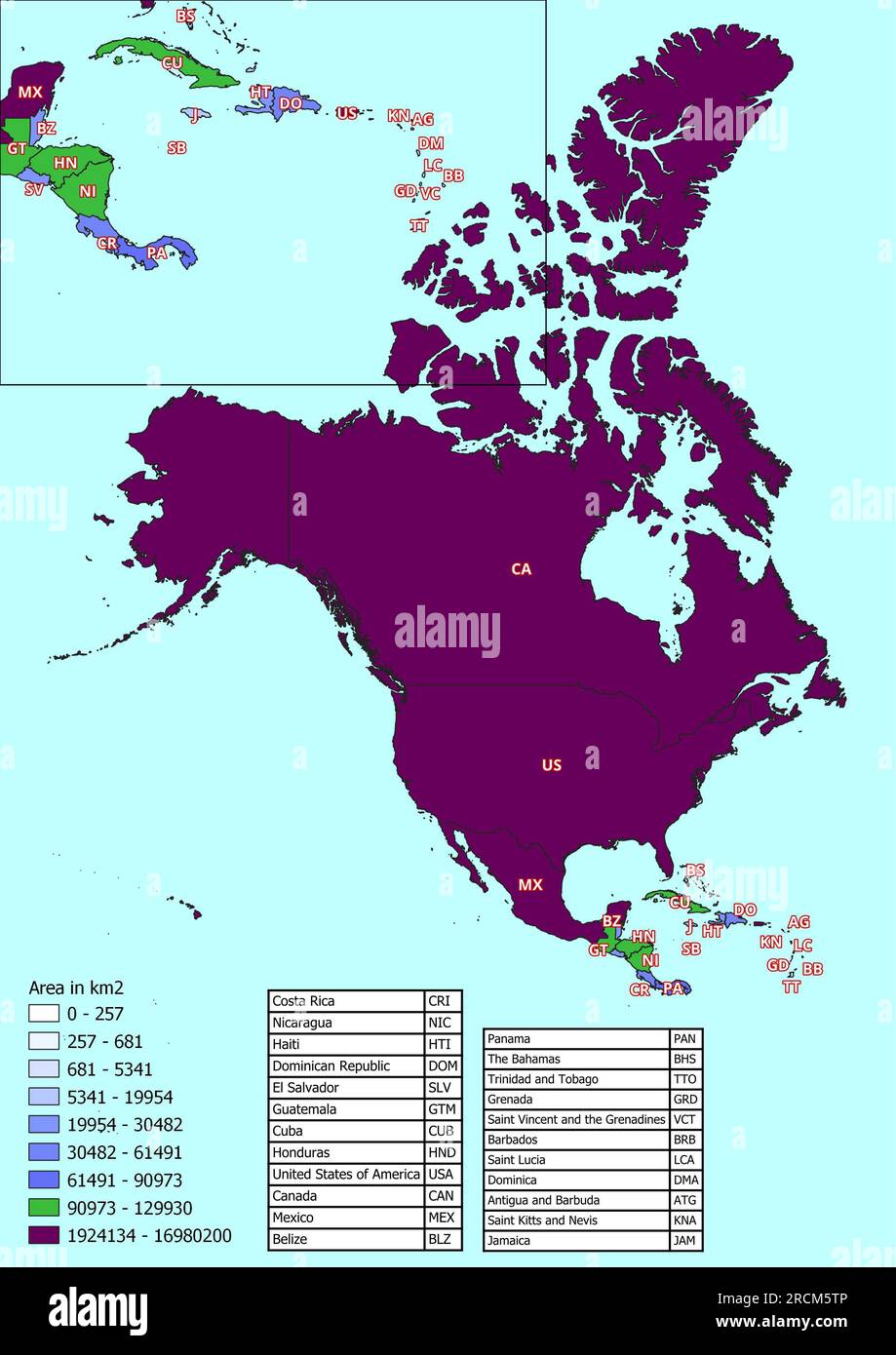 Mappa del Nord America con i paesi classificati per area Foto Stock