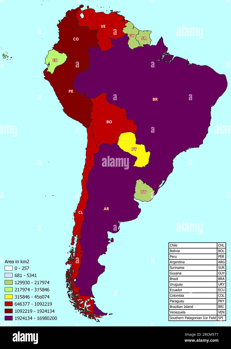 Mappa del Sud America con i paesi classificati per area Foto Stock