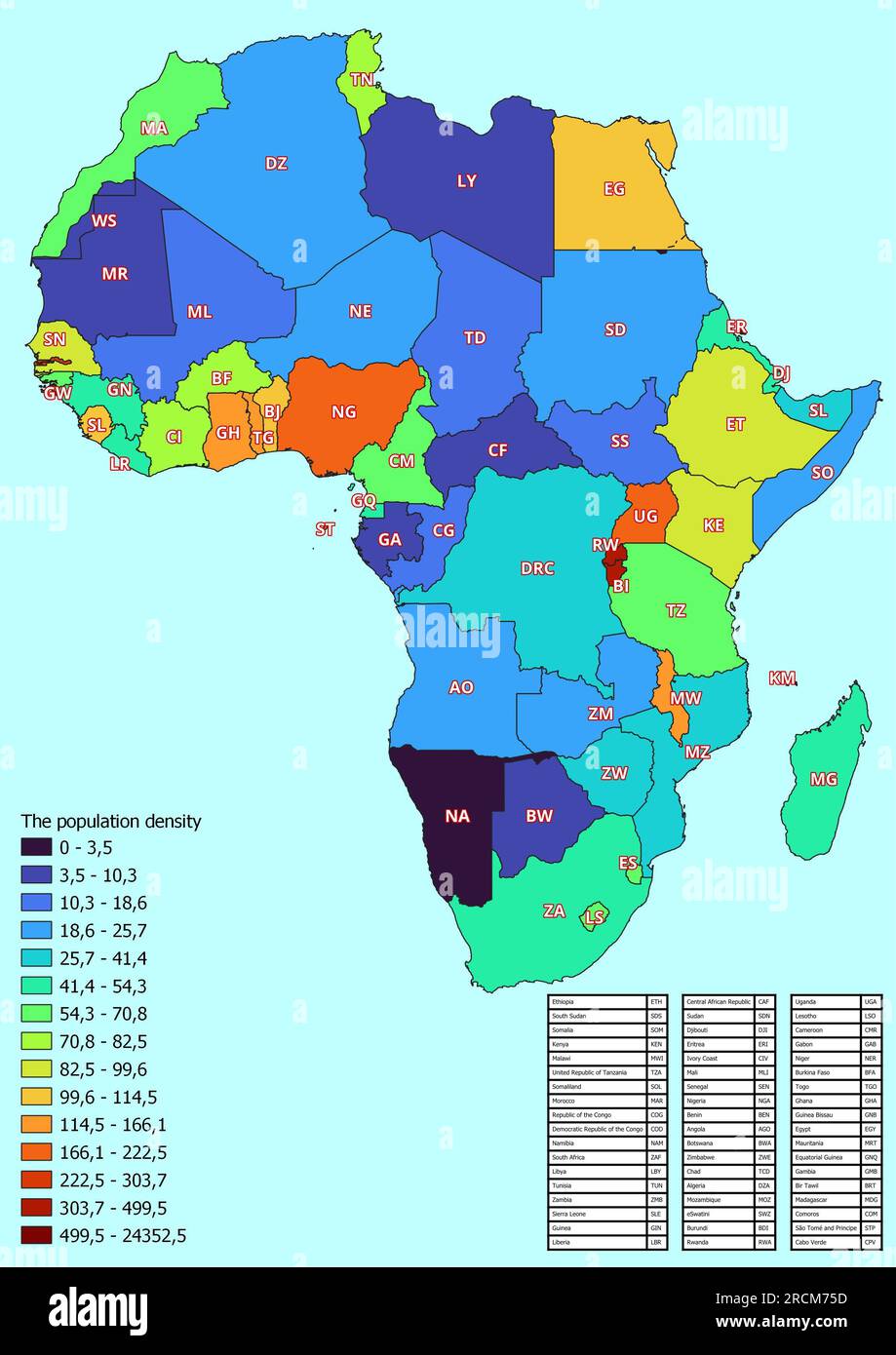 Mappa dell'Africa con i paesi classificati per densità di popolazione Foto Stock